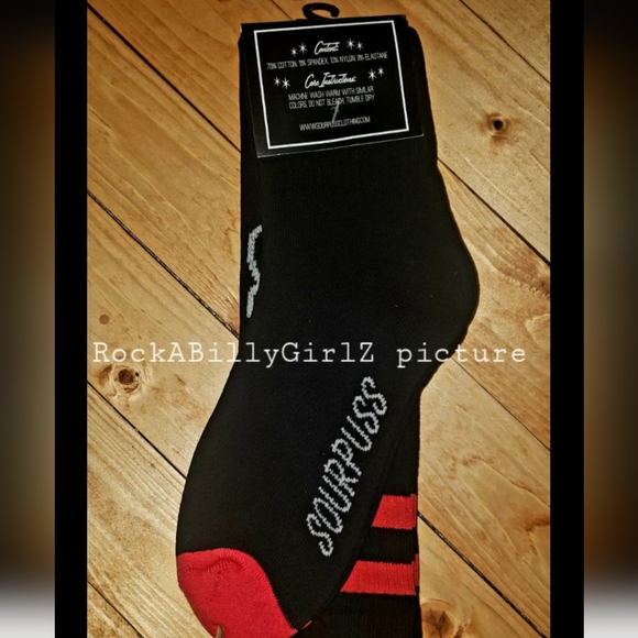 Sourpuss Grim Reaper Lucky 13 Vintage Tattoo Flash Red Double Stripe 16" Socks - Picture 5 of 6